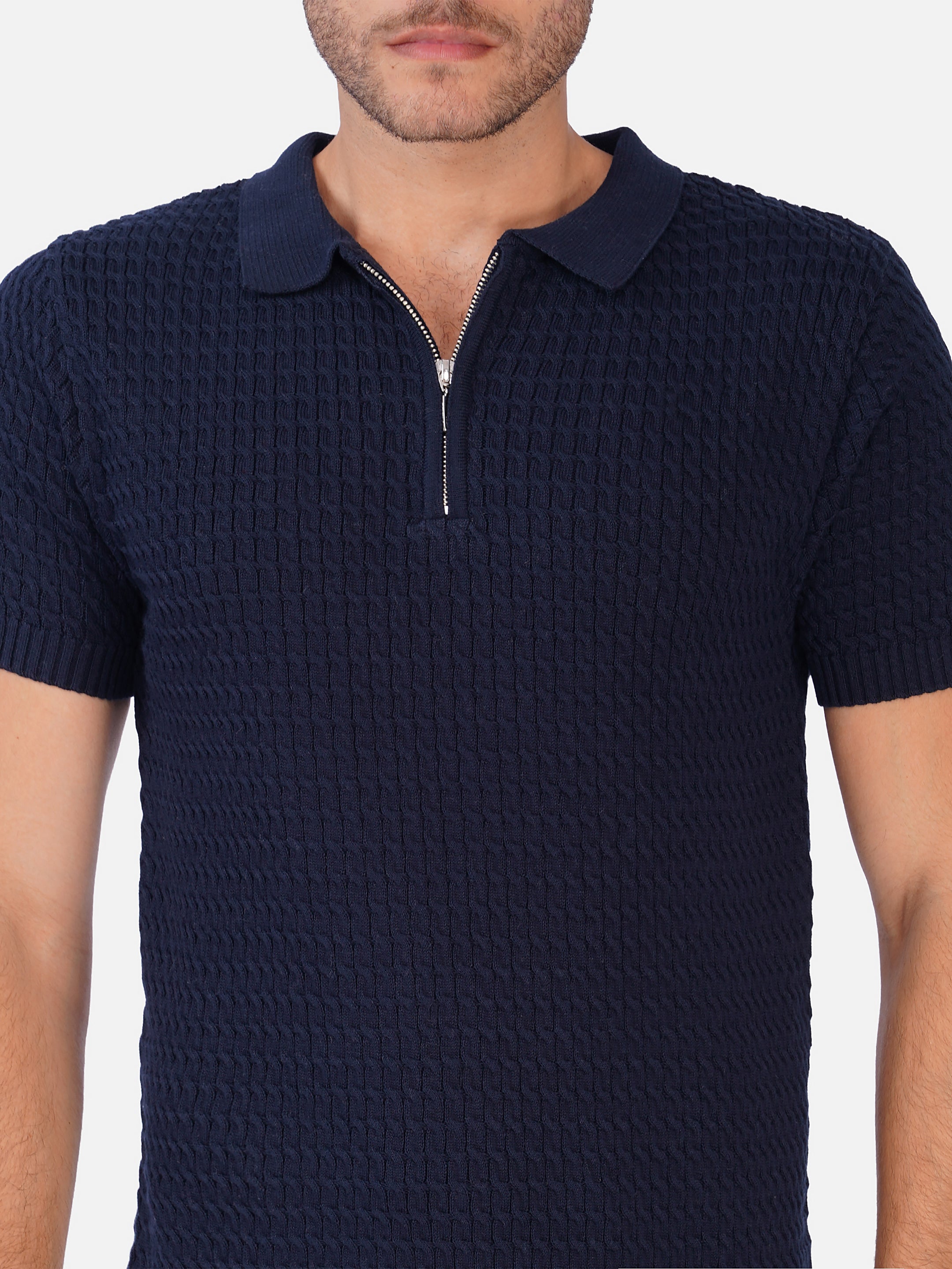 Cable Textured Half Zipper Polo