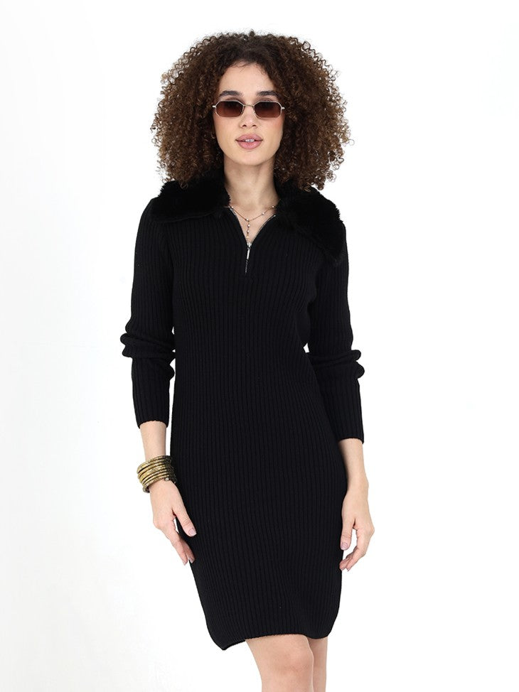 Faux Fur Collar Ribbed Black Dress