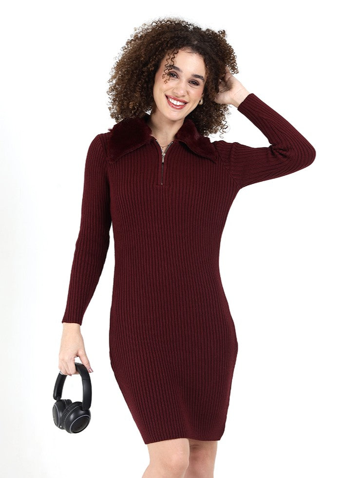 Faux Fur Collar Ribbed Wine Dress