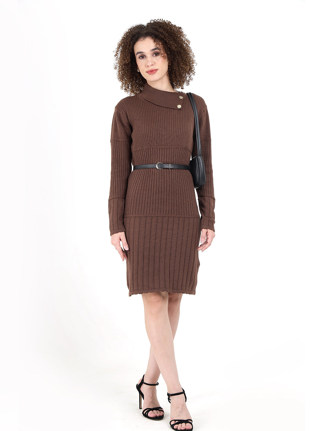 Asymmetric Button Collar Ribbed Dress