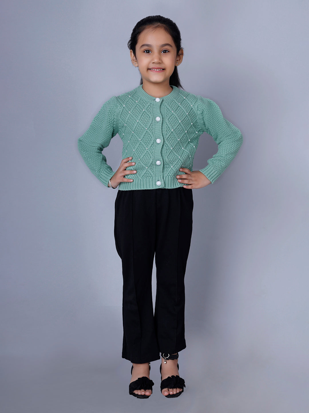 SEAGREEN ARGYLE PEARLY CARDIGAN