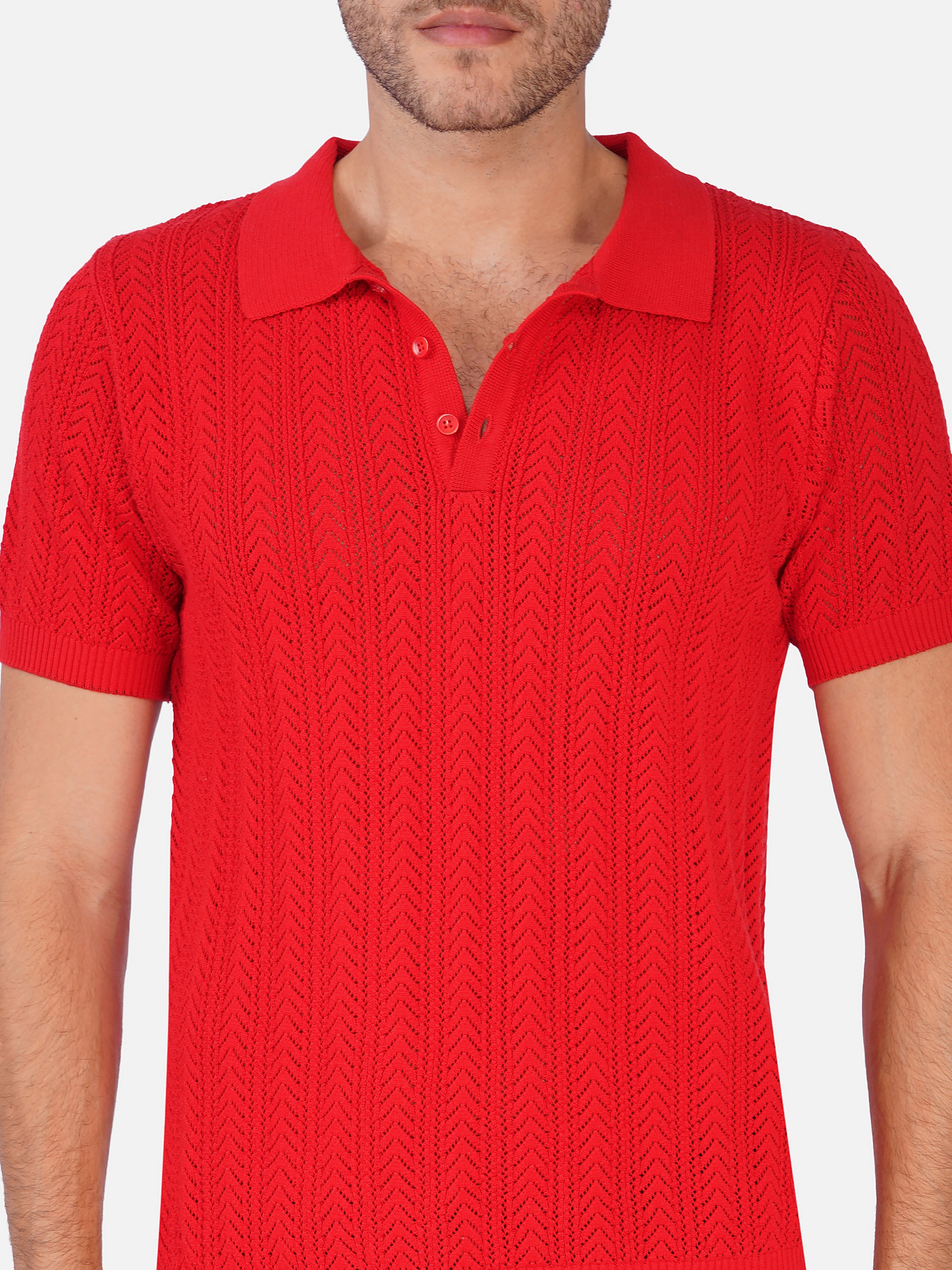 Pointelle Chevron Button Up Polo