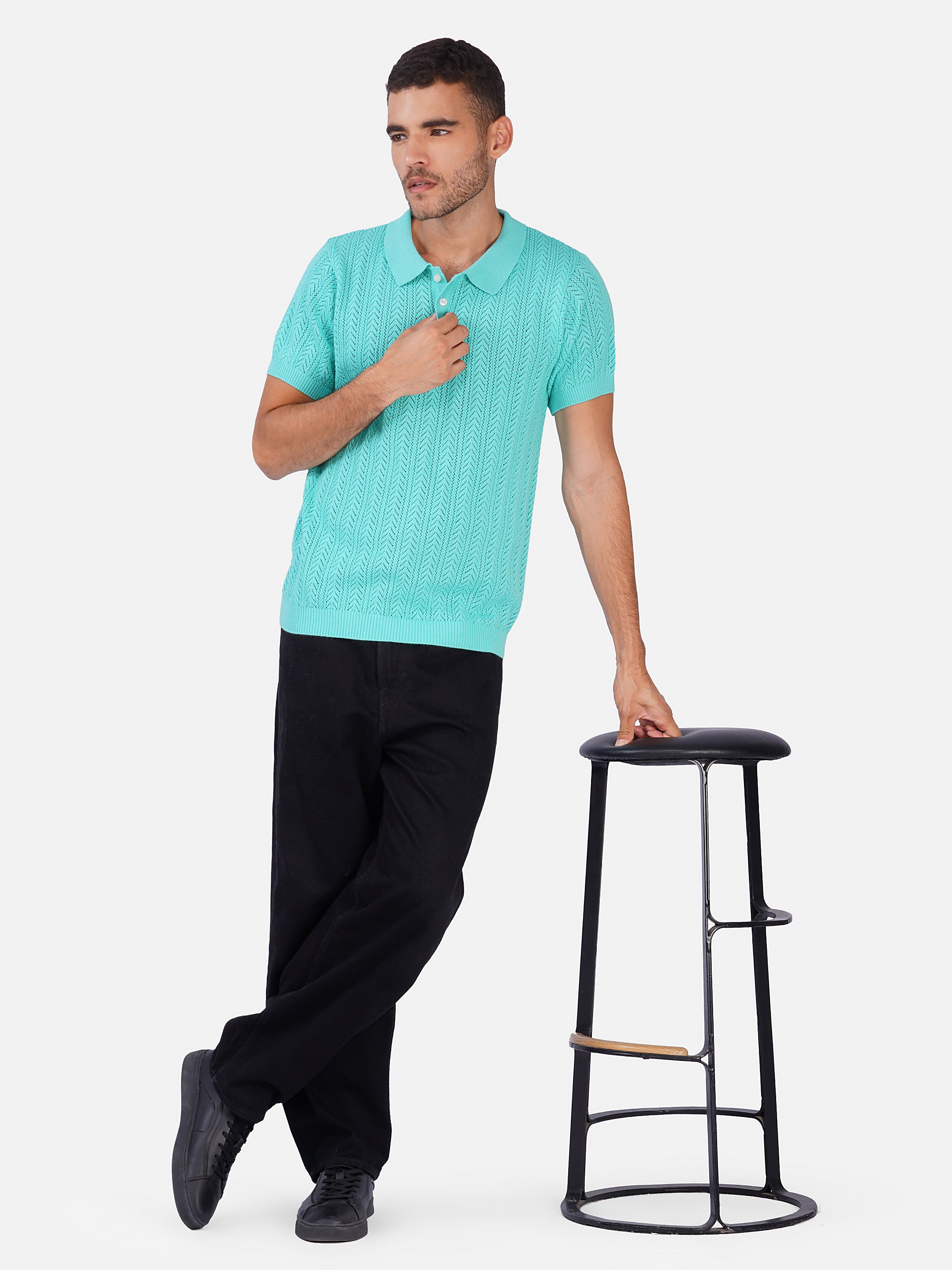 Pointelle Chevron Button Up Polo