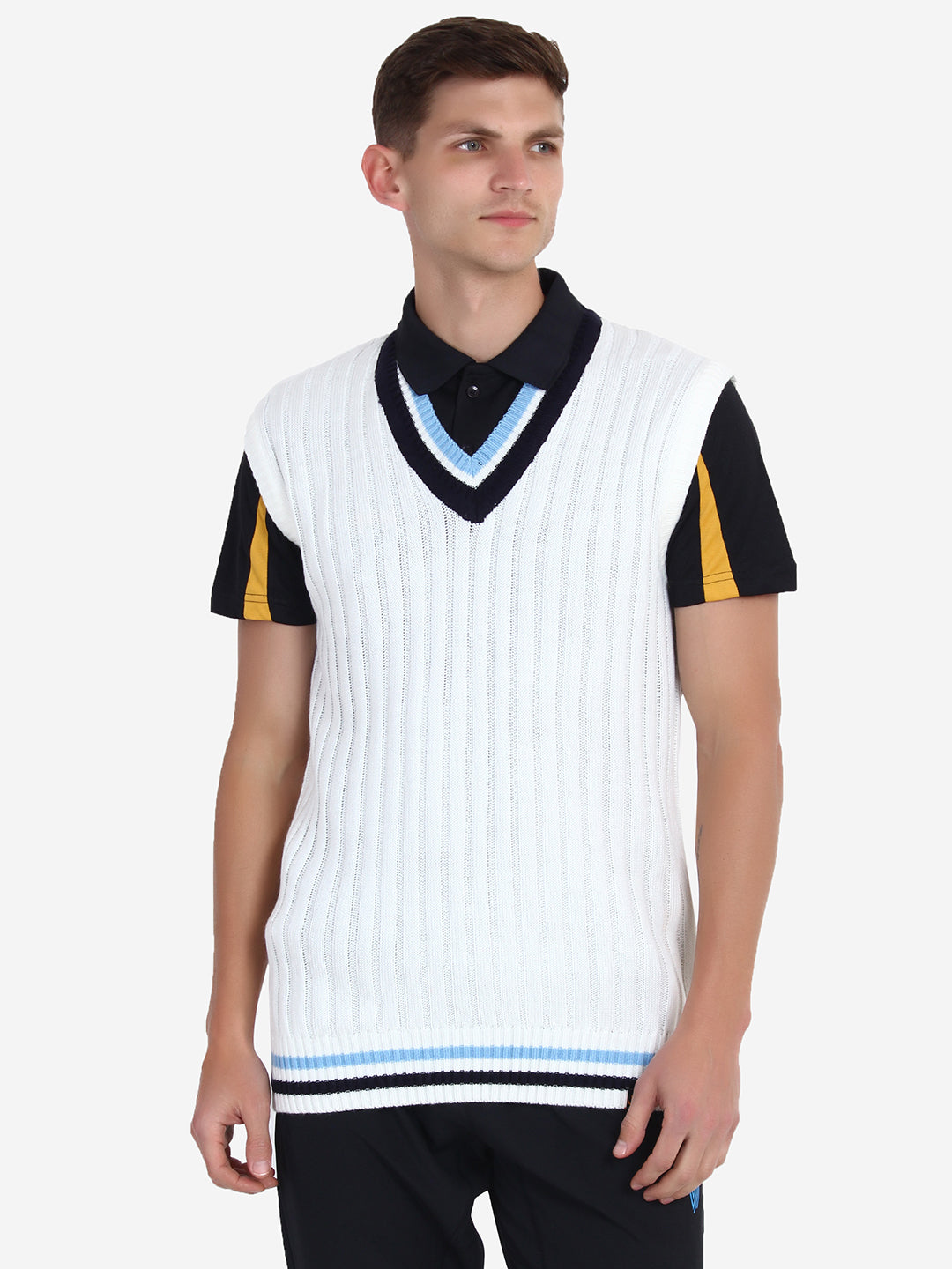 V Neck Casual Men White Sweater