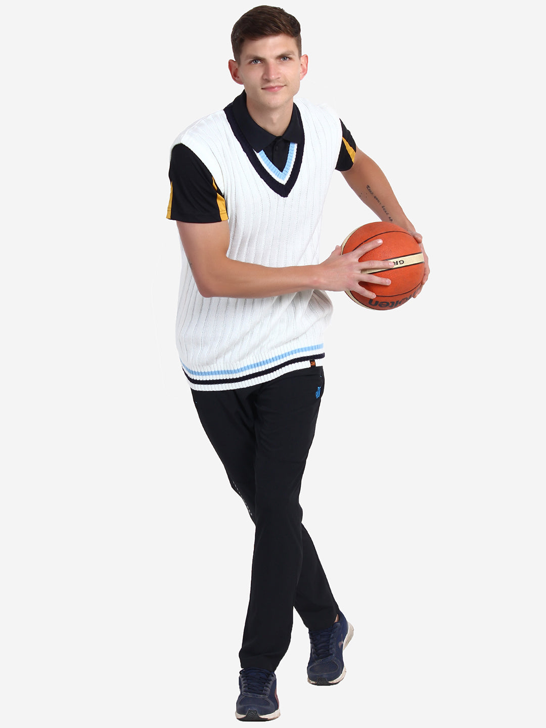 V Neck Casual Men White Sweater