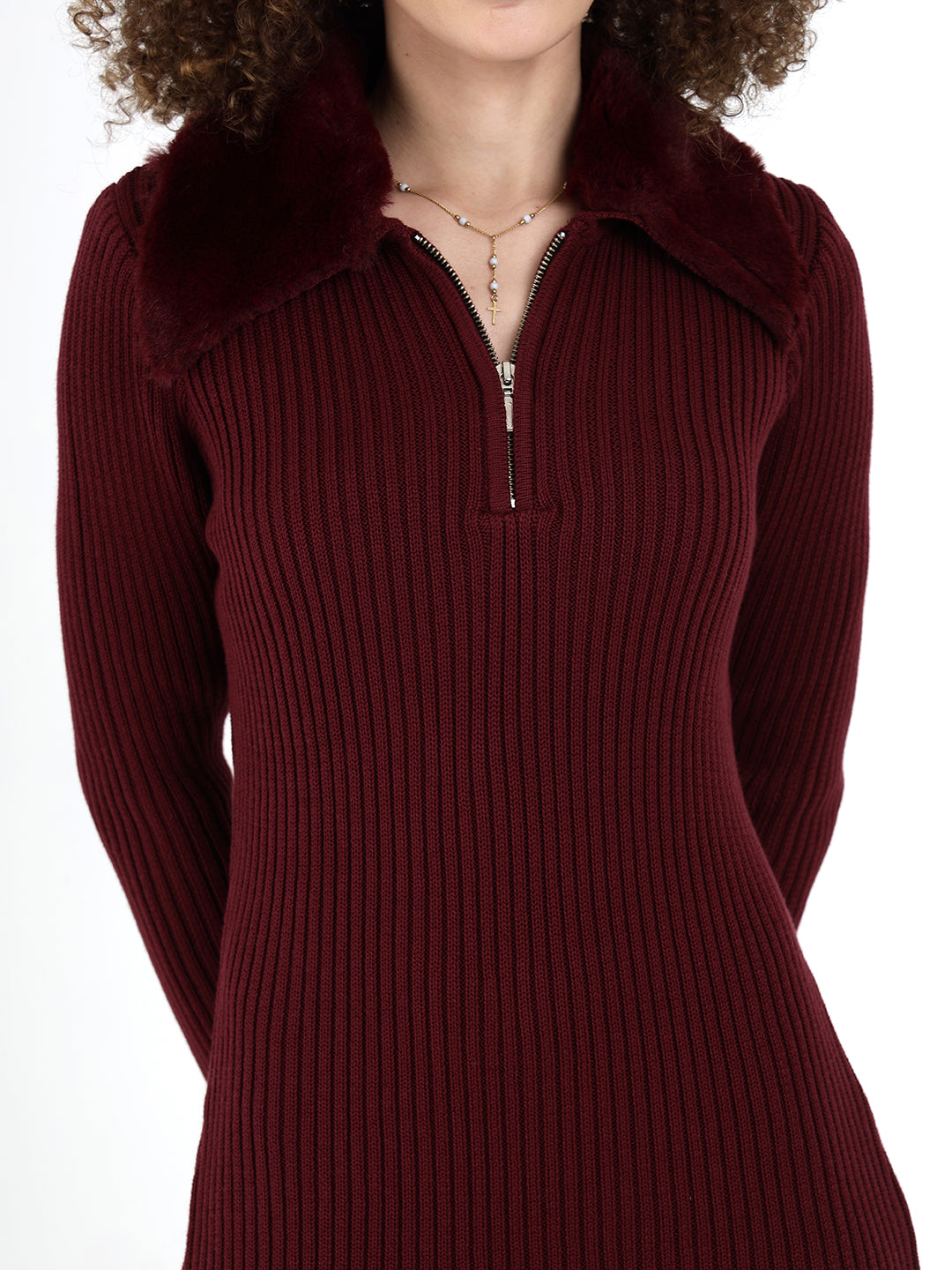 Faux Fur Collar Ribbed Wine Dress