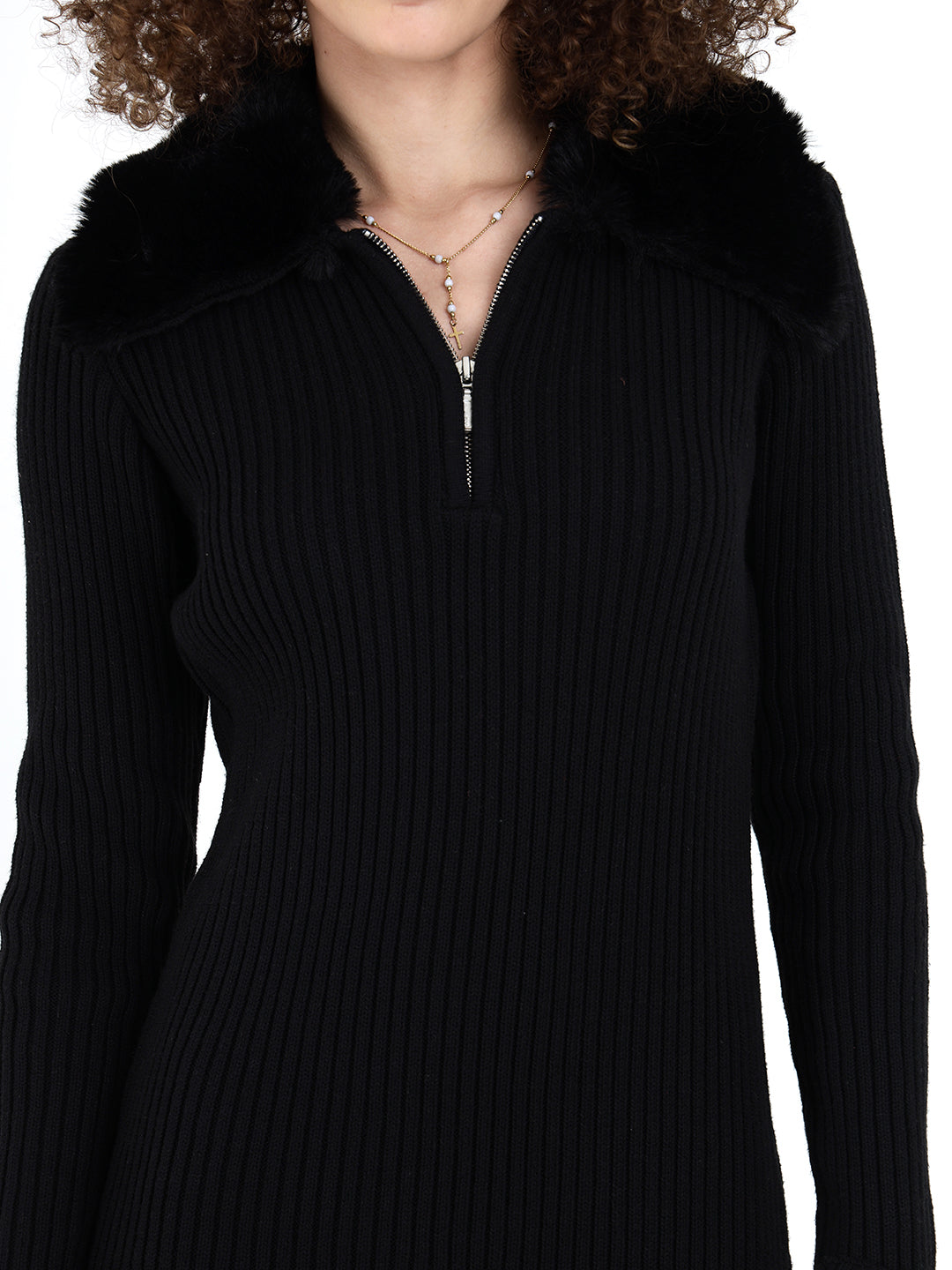 Faux Fur Collar Ribbed Black Dress