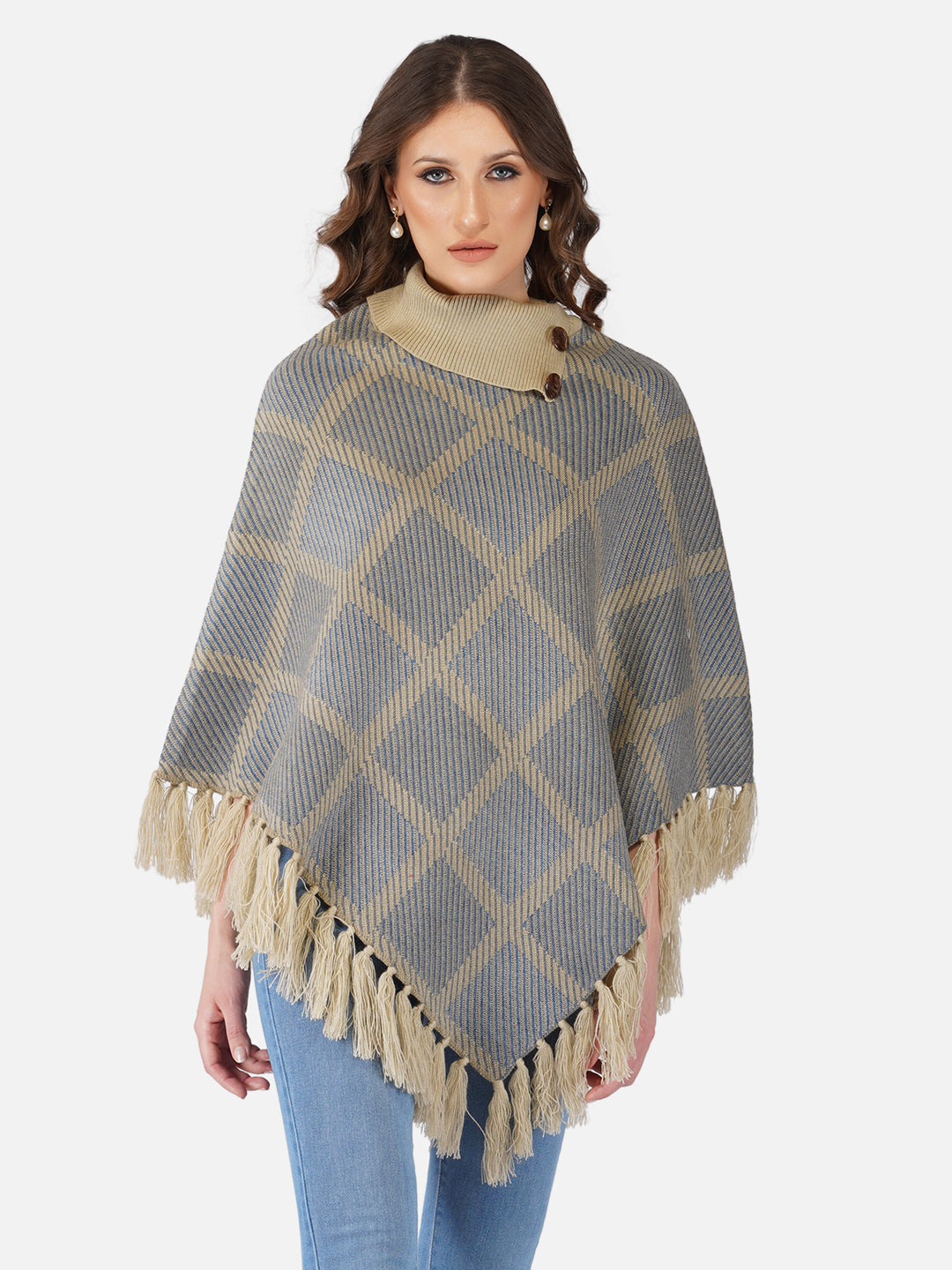 Beige Checked Poncho