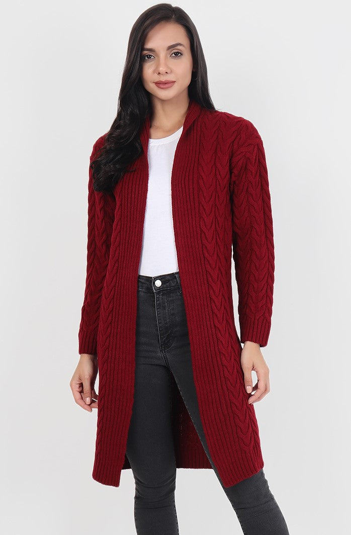Maroon Knitted Woolen Front Open Sweater
