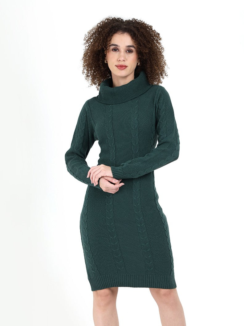 Green Cable Knit Cowl Neck Dress