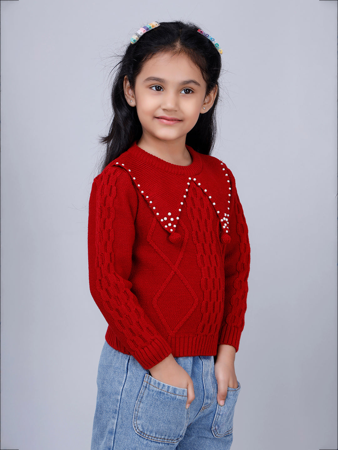 RED PETER PAN COLLARED PULLOVER