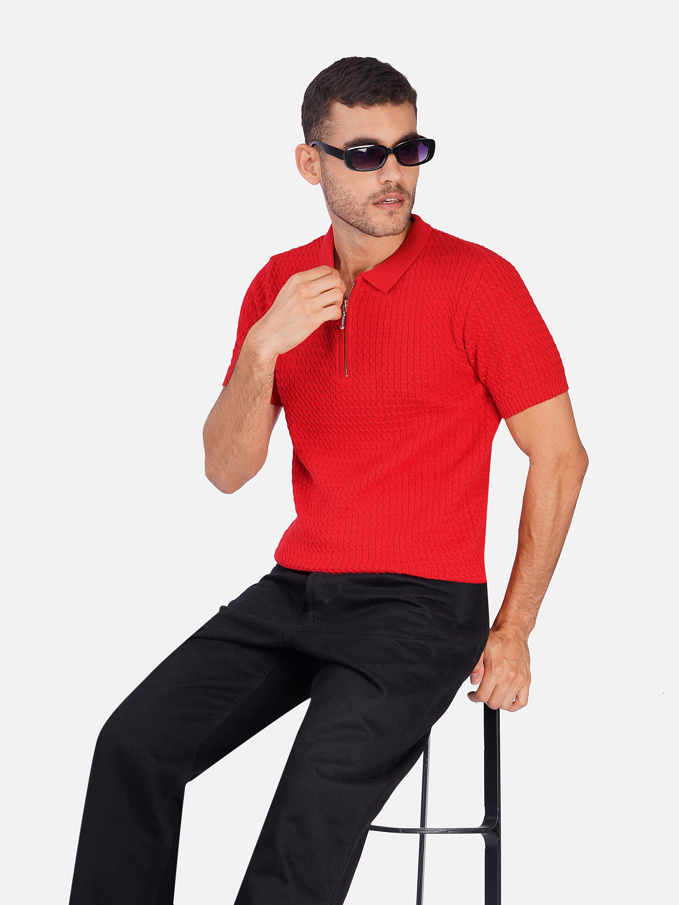 Cable Textured Half Zipper Polo