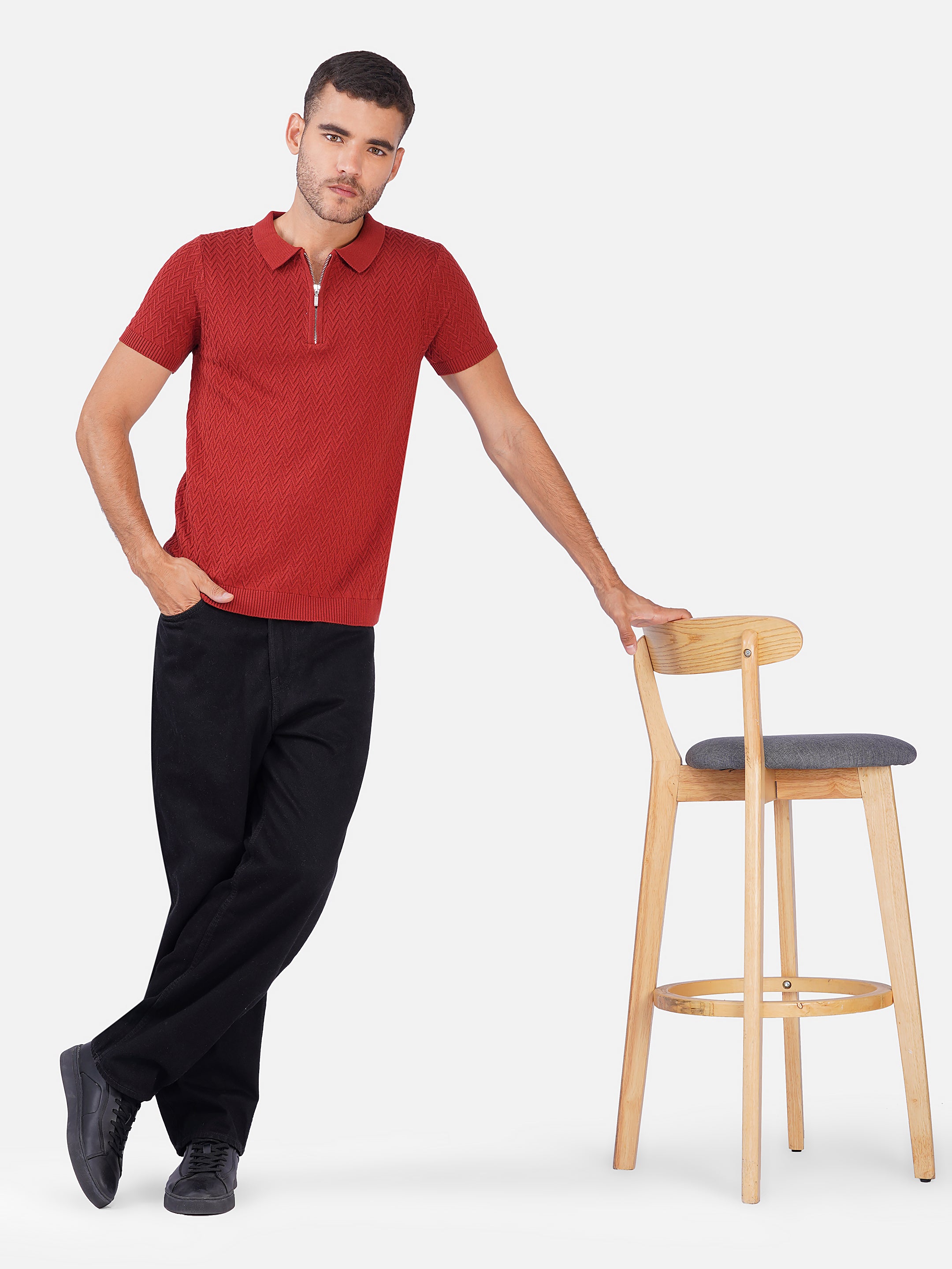 Chevron Knit Zipper Polo