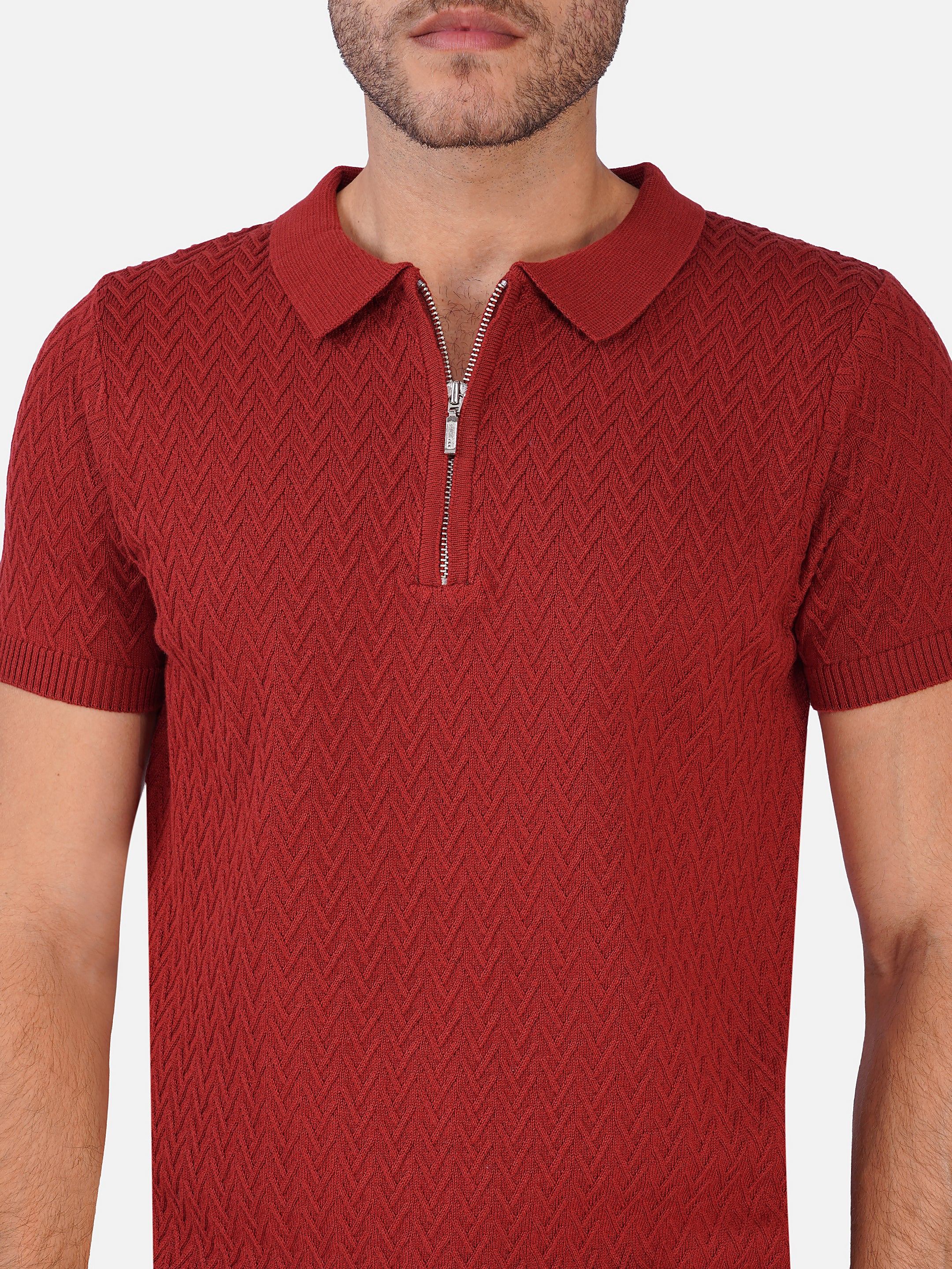 Chevron Knit Zipper Polo